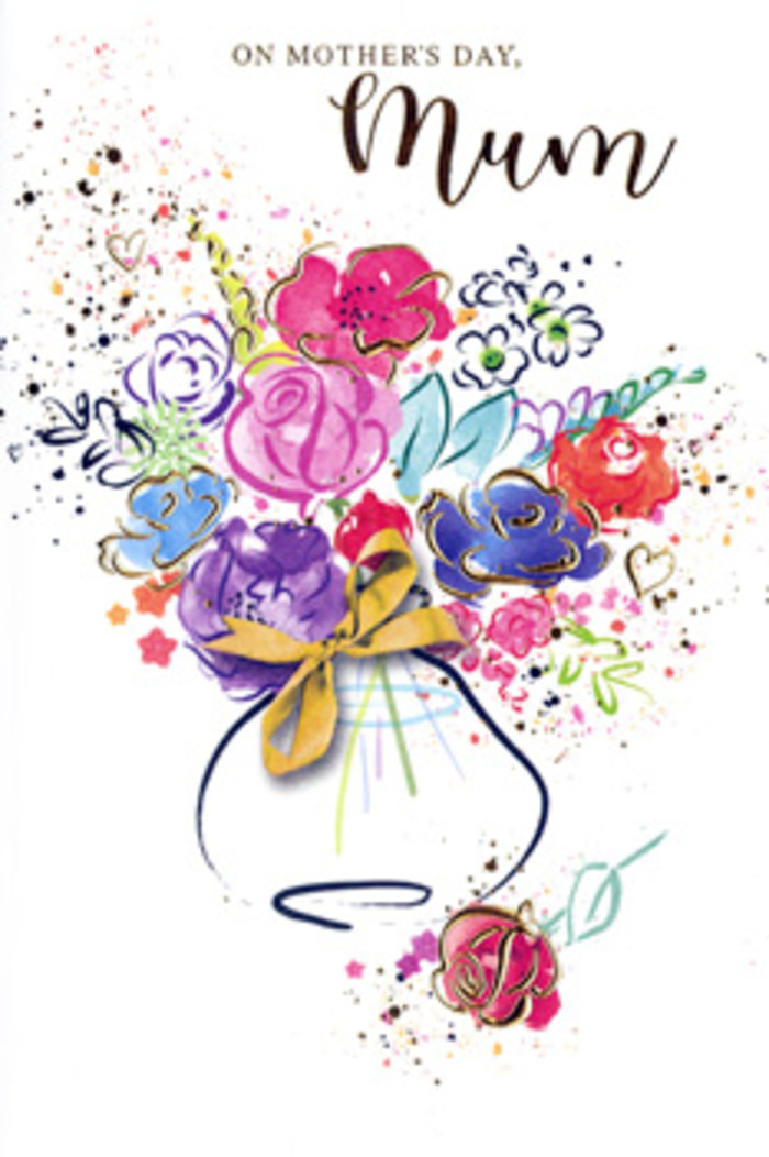 In this expressive Mother's Day card design, a flourishing bouquet seems to bloom directly from the paper, painted in fluid watercolour strokes and gentle metallic highlights. The flowers themselves are not rigidly defined, but instead suggested by layers of colour: strong cerise and hot pink blossoms nestle against pools of indigo and violet, while soft apricot, coral, and pale blue tones feather out at the edges. Each shade blends and overlaps, reminiscent of the way real petals and leaves intermingle in a hand-tied arrangement prepared by Florist East Dulwich for homes near Peckham Rye Park or along Dog Kennel Hill.
Threading through the composition, fine golden lines trace the contours of petals, stems, and leaves. These glimmering details pick out subtle shapes within the looser washes of paint, as if the warm glow of gratitude is being drawn around each flower. The bouquet is anchored in a simple, stylised vase, its soft silhouette painted in muted tones and cinched with a petite gold bow that recalls the satisfying final knot in a carefully tied ribbon. This grounding element keeps the exuberant spray of colour from feeling untethered, much like a beautifully chosen container completes a real floral display.
Around the bouquet, the white background is punctuated by playful splashes of pigment and small heart motifs that drift like scattered confetti. The overall effect is lively yet tender, conveying joy, affection, and a touch of everyday East Dulwich charm. It feels like the visual echo of a child's heartfelt thank you combined with a florist's expert eye, making the card a keepsake-style tribute to the special bond celebrated every Mother's Day.