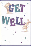 The illustration on this get well card overflows with the same playful optimism experienced when opening the door to an East Dulwich florist, bathed in the day's golden light. Two charming friends-a teddy bear and a floppy-eared puppy-playfully carry the burden of oversized, colourful letters spelling 'Get Well.' Their fur seems almost tangible, inviting a gentle touch, as if offering the comforting embrace of a caring neighbour. Indigo and teal text brighten the clean, cream background, while whimsical stars in tones of blue, violet, and aquamarine sparkle above, much like spring blossoms catching sunlight near Dulwich Picture Gallery. The composition radiates a comforting, hopeful energy, its softness accentuating innocence and reassurance. Like a hand-delivered bouquet thoughtfully arranged to bring solace, every element of the card's design is selected for emotional resonance. The effect is a gentle promise of healing-perfect for sharing East Dulwich warmth with a loved one in need of encouragement.